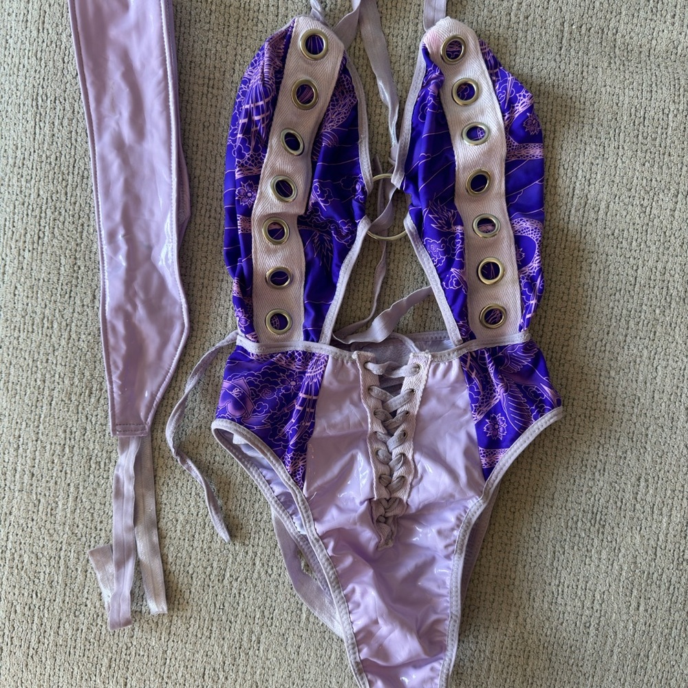 Purple and Pink Lace-Up Swimsuit
